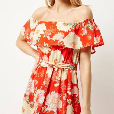 Red floral print bardot maxi dress